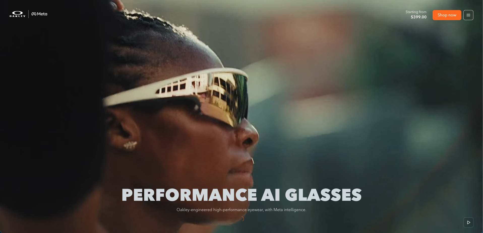 An athlete wearing Oakley Meta glasses under the headline Performance AI Glasses