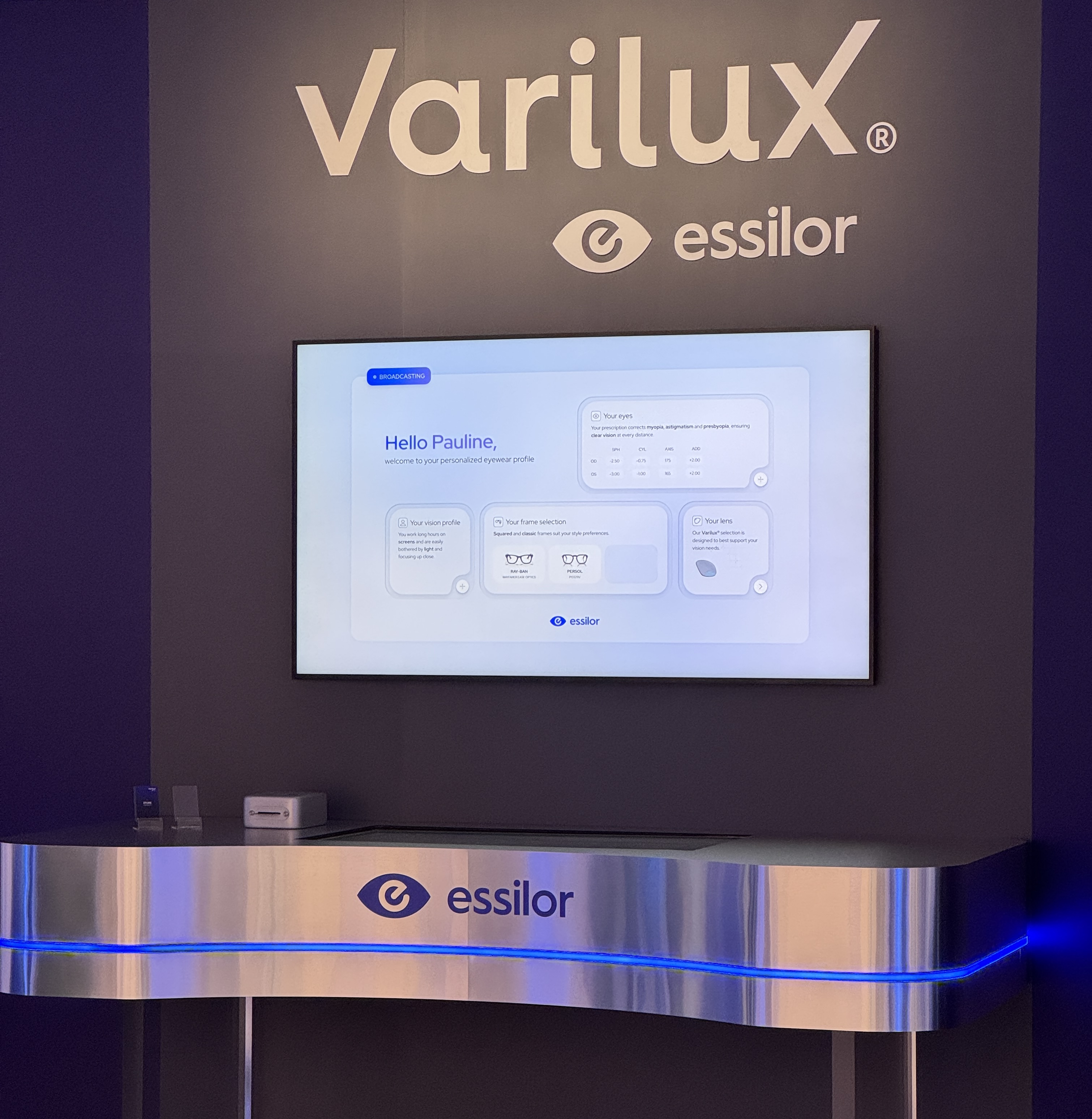 A screen showing a personalised eyewear profile with prescription values, vision habits, frame selection, and lens